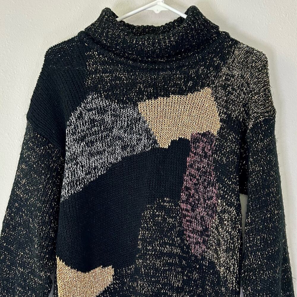Vintage Metallic Abstract Patchwork Turtleneck Kn… - image 3